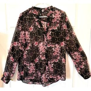 KUT from the Kloth Sheer Button Front Blouse Size Large Black Pink Rose‎ Floral